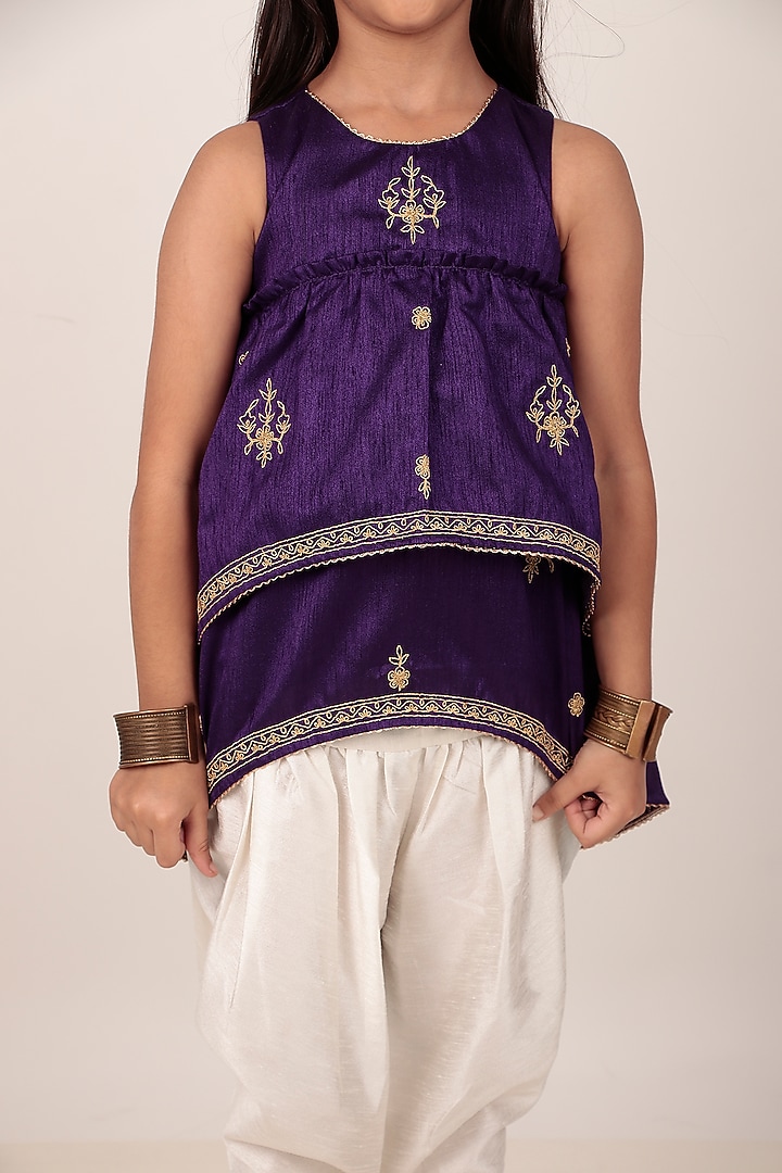 Purple Dupion Silk Hand-Embellished Kurta Set For Girls by Rasasvada Kids at Pernia's Pop Up Shop