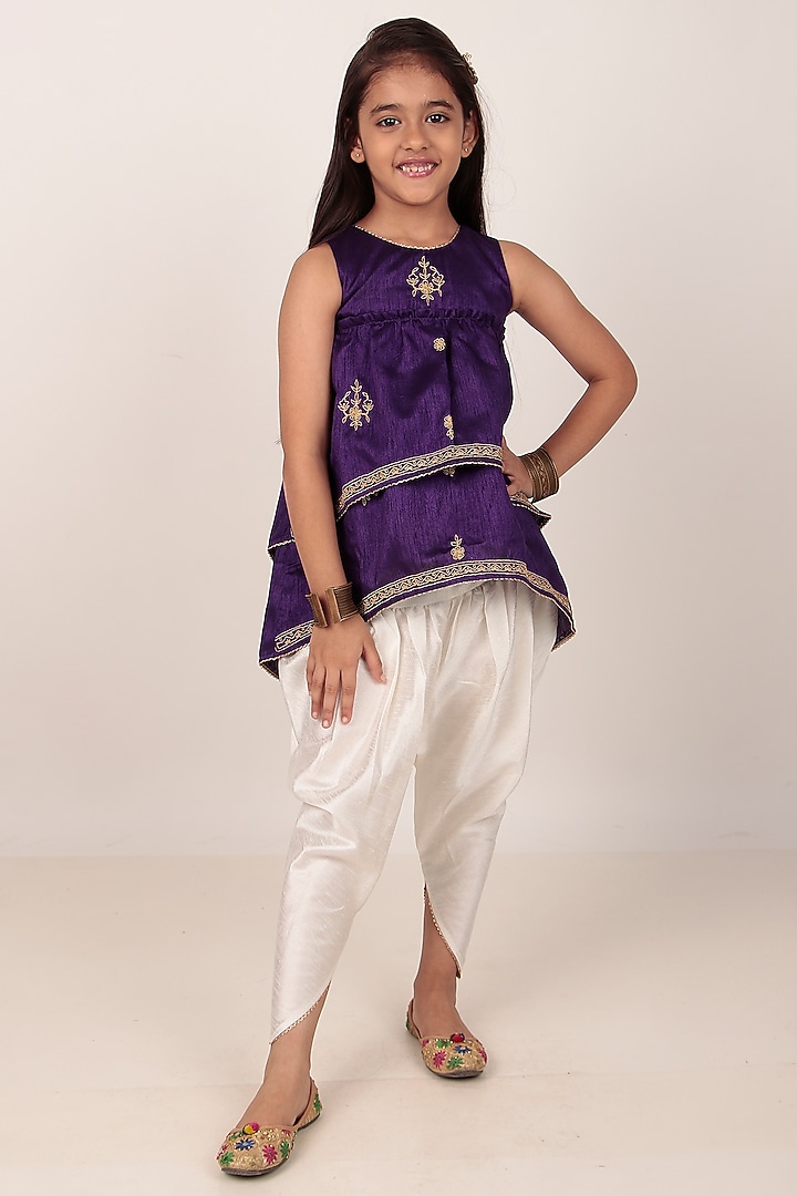 Purple Dupion Silk Hand-Embellished Kurta Set For Girls by Rasasvada Kids at Pernia's Pop Up Shop