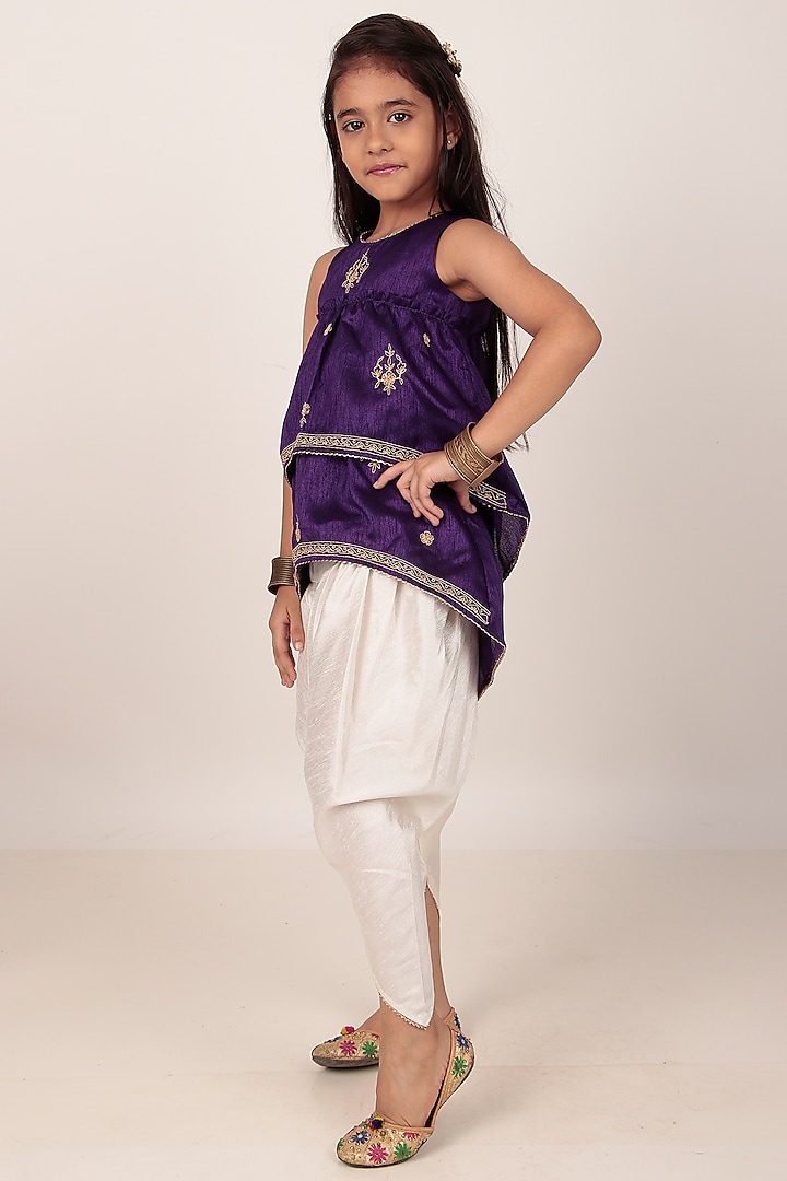 Purple Dupion Silk Hand-Embellished Kurta Set For Girls by Rasasvada Kids at Pernia's Pop Up Shop