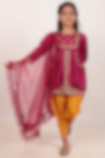 Pink Dupion Silk Hand-Embellished Kurta Set For Girls by Rasasvada Kids at Pernia's Pop Up Shop