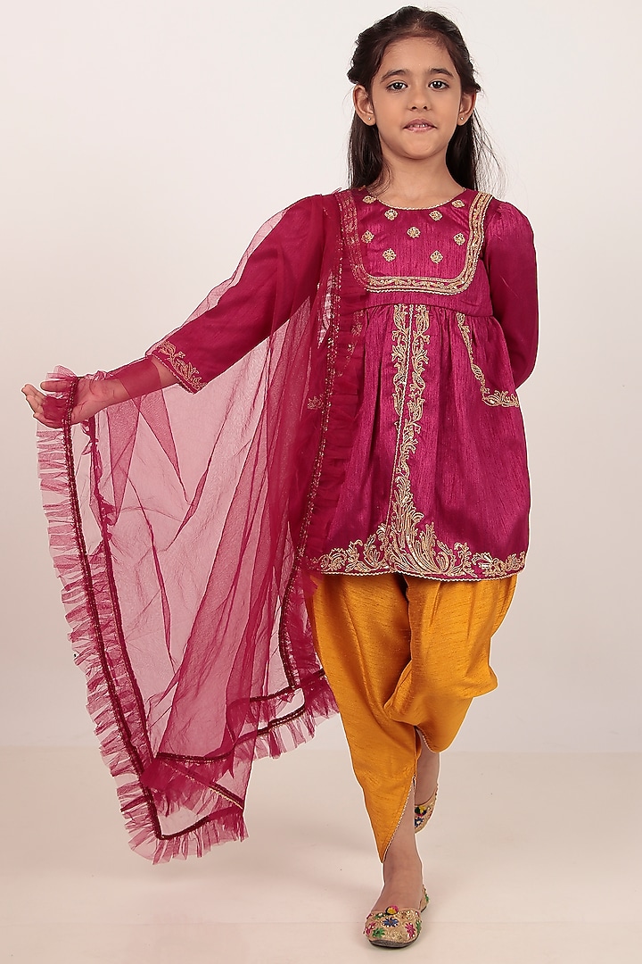 Pink Dupion Silk Hand-Embellished Kurta Set For Girls by Rasasvada Kids at Pernia's Pop Up Shop