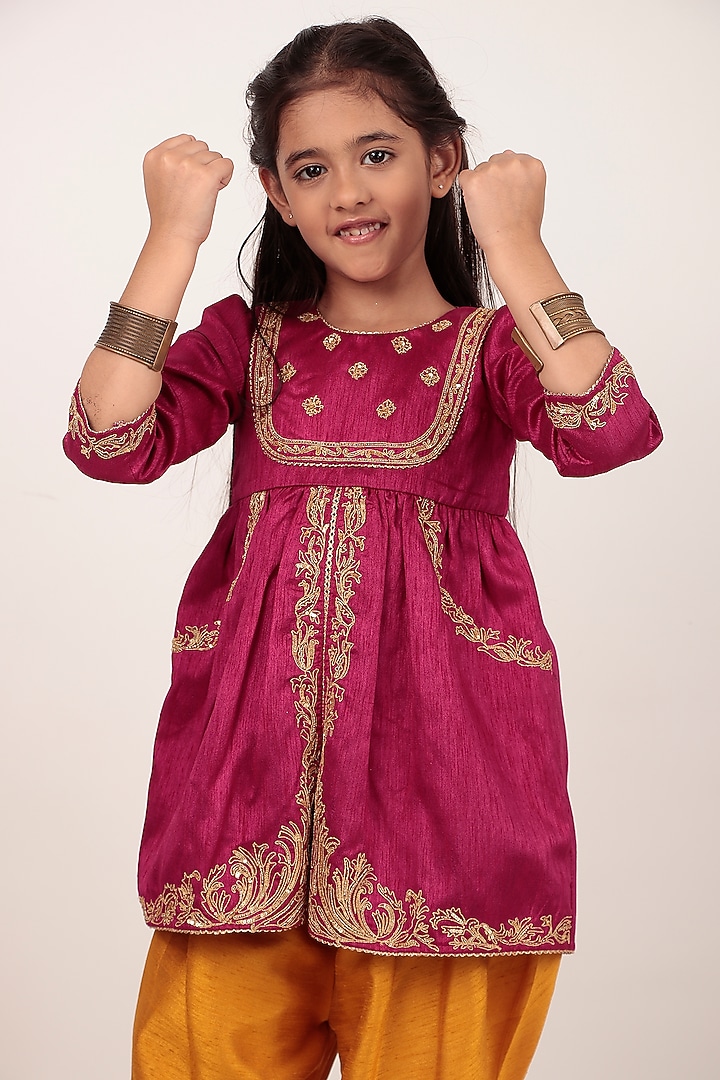 Pink Dupion Silk Hand-Embellished Kurta Set For Girls by Rasasvada Kids at Pernia's Pop Up Shop