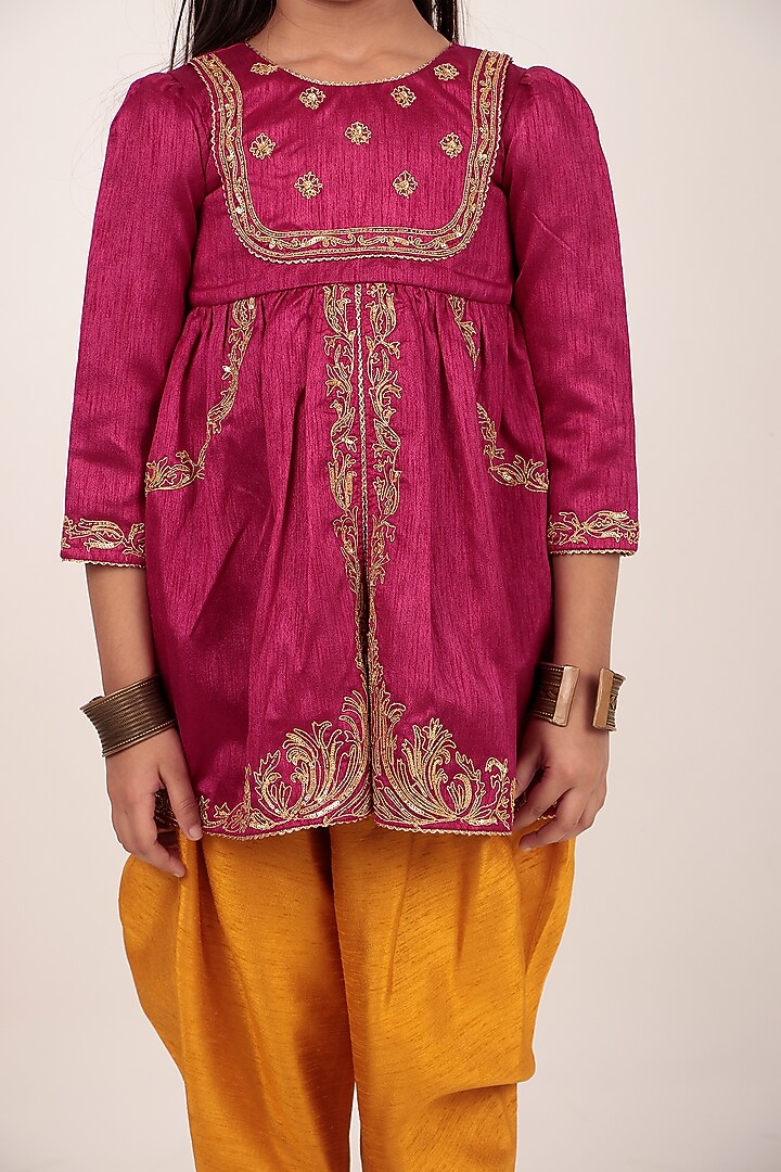 Pink Dupion Silk Hand-Embellished Kurta Set For Girls by Rasasvada Kids at Pernia's Pop Up Shop