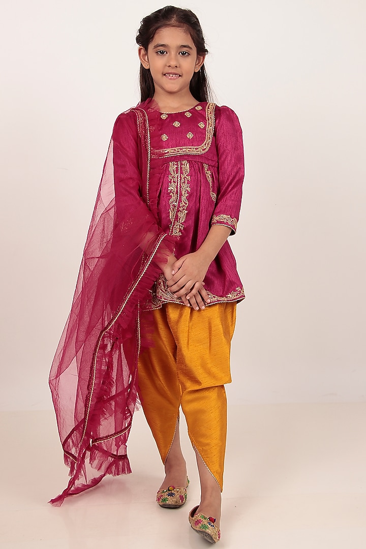 Pink Dupion Silk Hand-Embellished Kurta Set For Girls by Rasasvada Kids at Pernia's Pop Up Shop