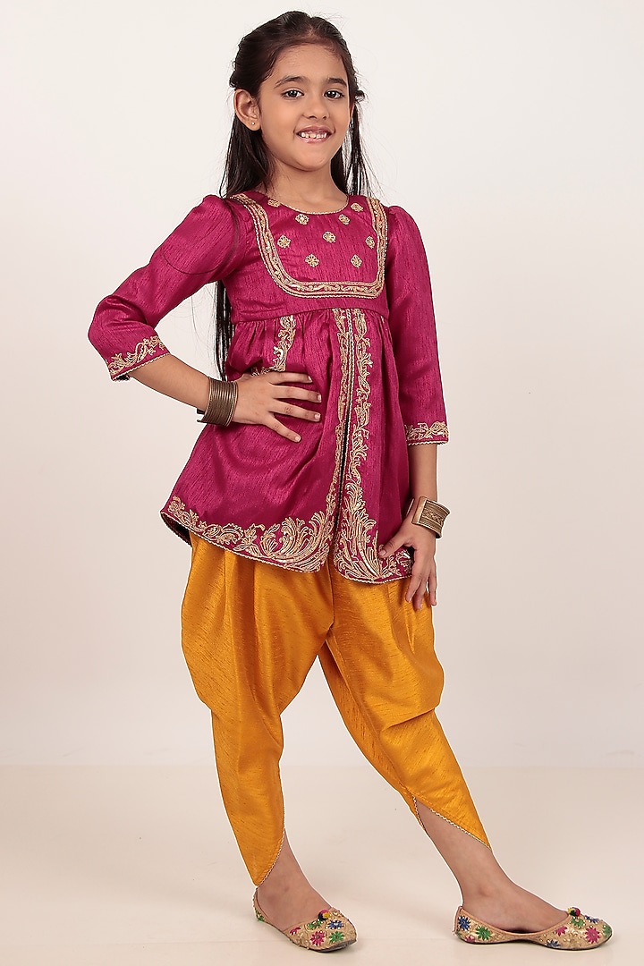 Pink Dupion Silk Hand-Embellished Kurta Set For Girls by Rasasvada Kids at Pernia's Pop Up Shop