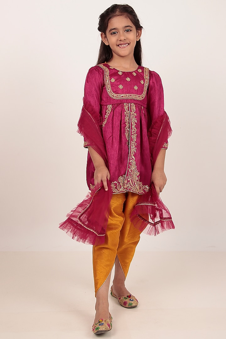 Pink Dupion Silk Hand-Embellished Kurta Set For Girls by Rasasvada Kids at Pernia's Pop Up Shop