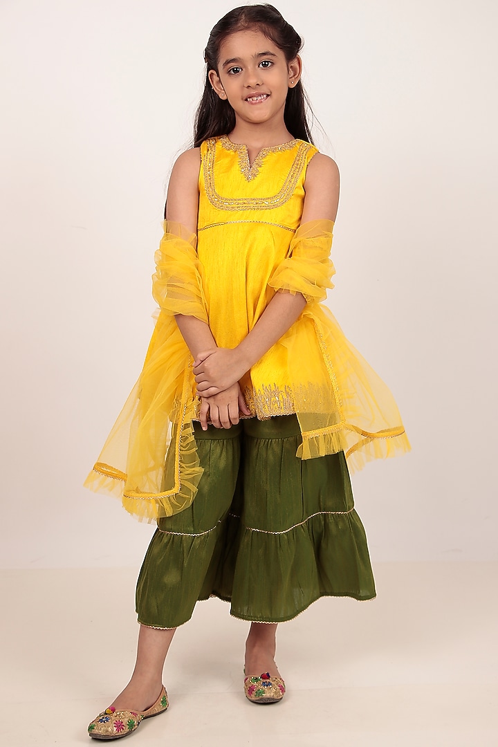 Yellow Dupion Silk Hand-Embellished Kurta Set For Girls by Rasasvada Kids at Pernia's Pop Up Shop