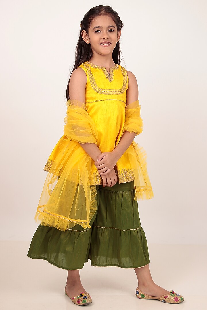 Yellow Dupion Silk Hand-Embellished Kurta Set For Girls by Rasasvada Kids at Pernia's Pop Up Shop