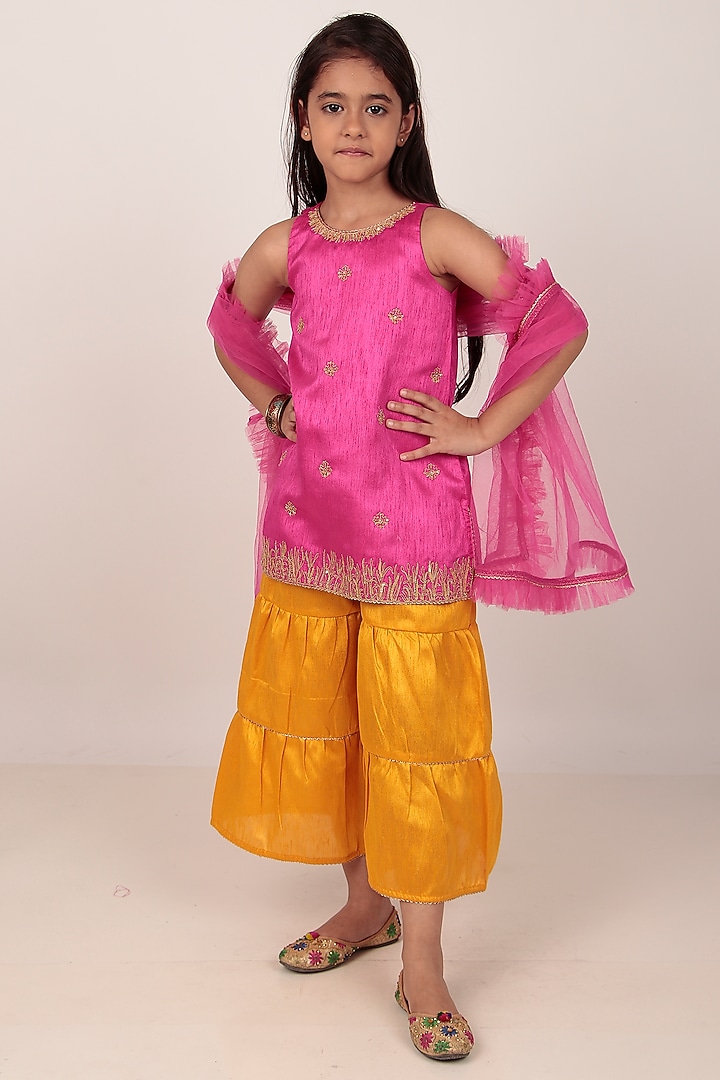 Pink Dupion Silk Hand-Embellished Kurta Set For Girls by Rasasvada Kids at Pernia's Pop Up Shop