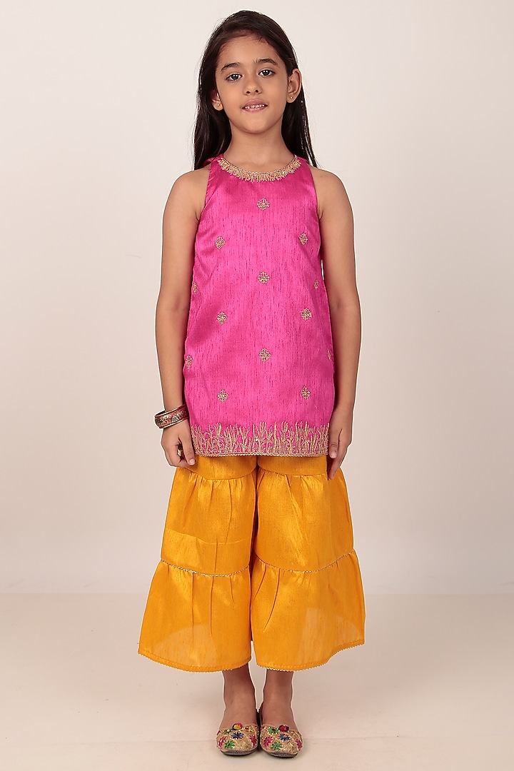 Pink Dupion Silk Hand-Embellished Kurta Set For Girls by Rasasvada Kids at Pernia's Pop Up Shop