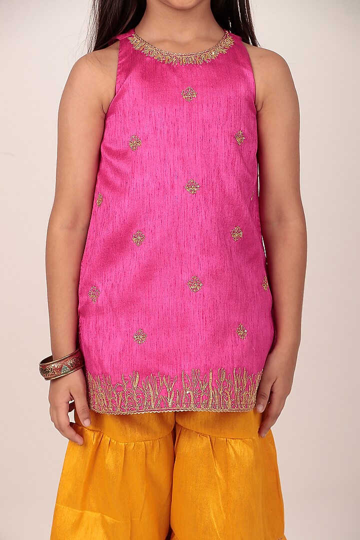 Pink Dupion Silk Hand-Embellished Kurta Set For Girls by Rasasvada Kids at Pernia's Pop Up Shop
