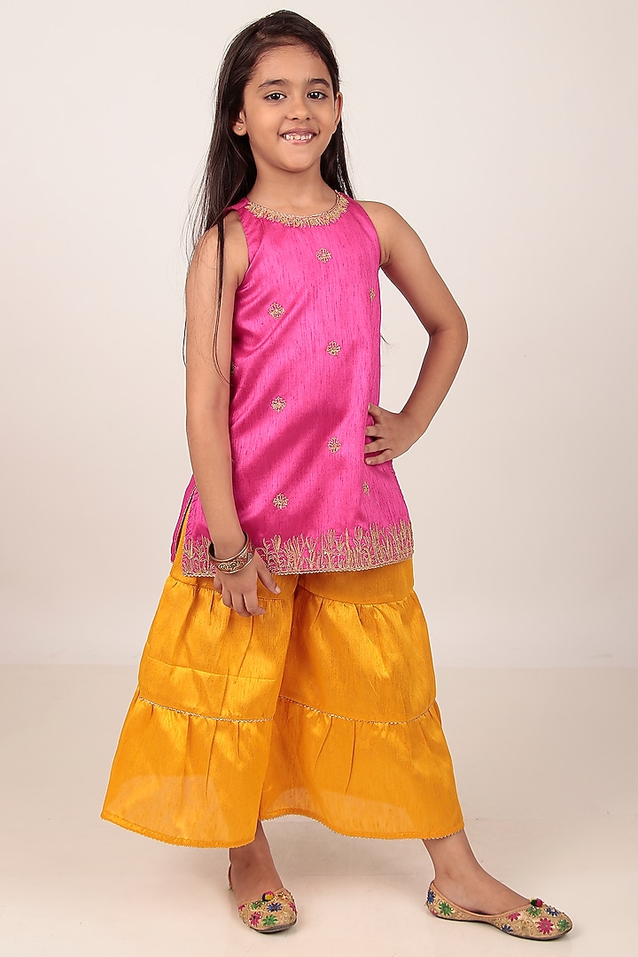 Pink Dupion Silk Hand-Embellished Kurta Set For Girls by Rasasvada Kids at Pernia's Pop Up Shop