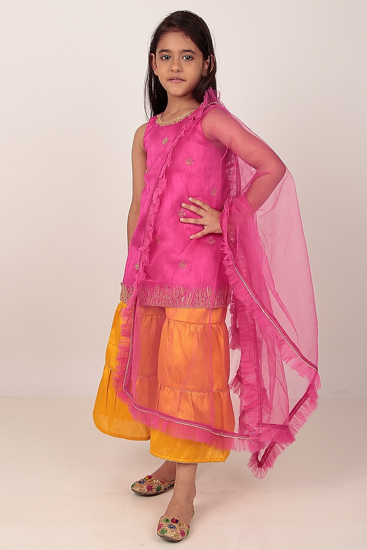 Pink Dupion Silk Hand-Embellished Kurta Set For Girls by Rasasvada Kids at Pernia's Pop Up Shop