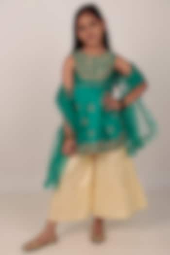 Teal Dupion Silk Hand-Embellished Kurta Set For Girls by Rasasvada Kids at Pernia's Pop Up Shop