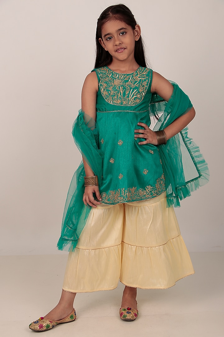 Teal Dupion Silk Hand-Embellished Kurta Set For Girls by Rasasvada Kids at Pernia's Pop Up Shop