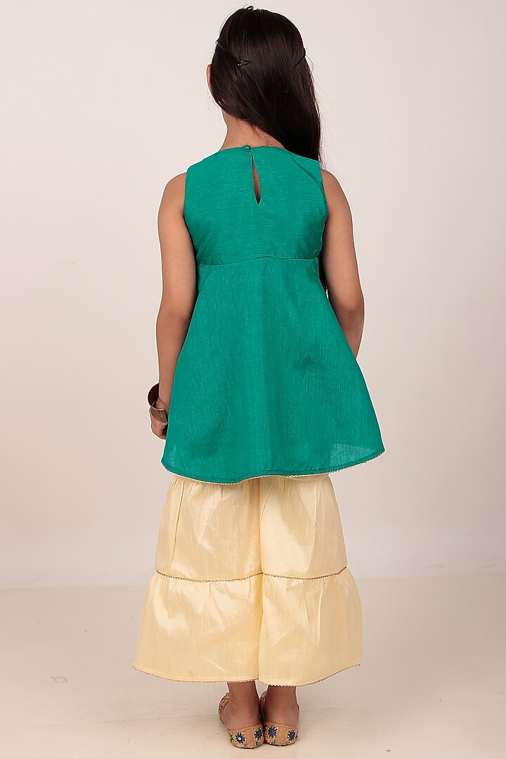 Teal Dupion Silk Hand-Embellished Kurta Set For Girls by Rasasvada Kids at Pernia's Pop Up Shop