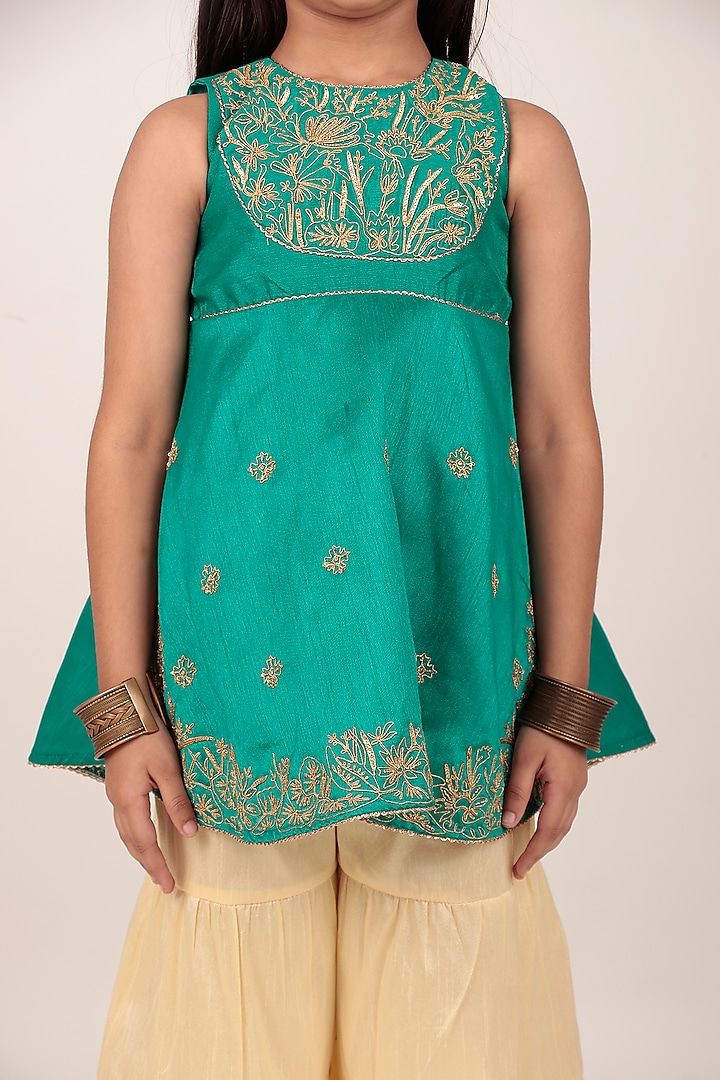 Teal Dupion Silk Hand-Embellished Kurta Set For Girls by Rasasvada Kids at Pernia's Pop Up Shop