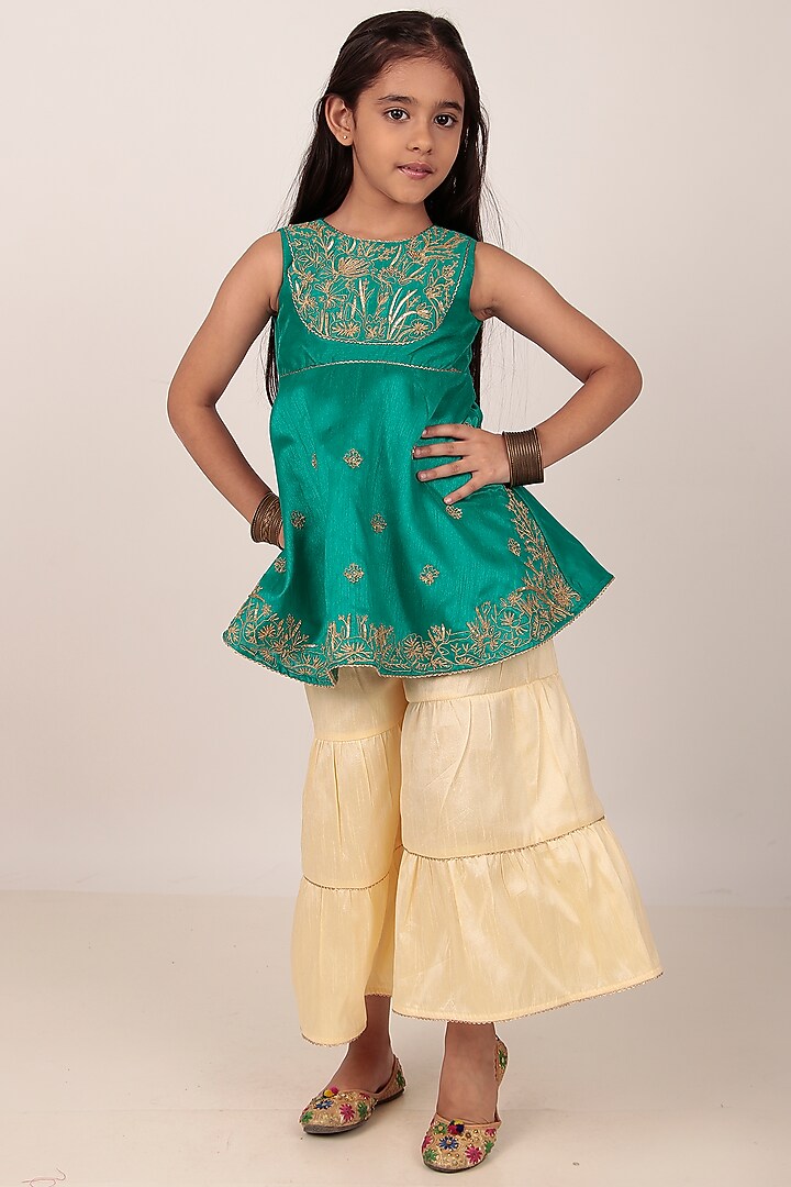 Teal Dupion Silk Hand-Embellished Kurta Set For Girls by Rasasvada Kids at Pernia's Pop Up Shop