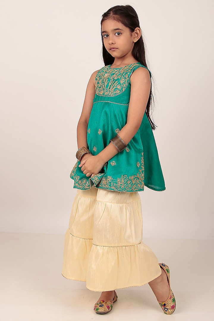 Teal Dupion Silk Hand-Embellished Kurta Set For Girls by Rasasvada Kids at Pernia's Pop Up Shop
