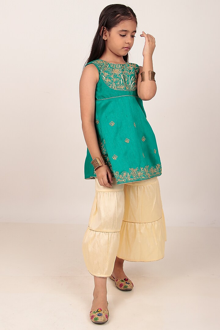 Teal Dupion Silk Hand-Embellished Kurta Set For Girls by Rasasvada Kids at Pernia's Pop Up Shop