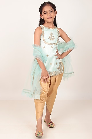 Sky Blue Dupion Silk Hand-Embellished Kurta Set For Girls by Rasasvada Kids