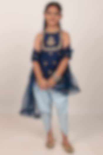 Blue Dupion Silk Hand-Embellished Kurta Set For Girls by Rasasvada Kids at Pernia's Pop Up Shop