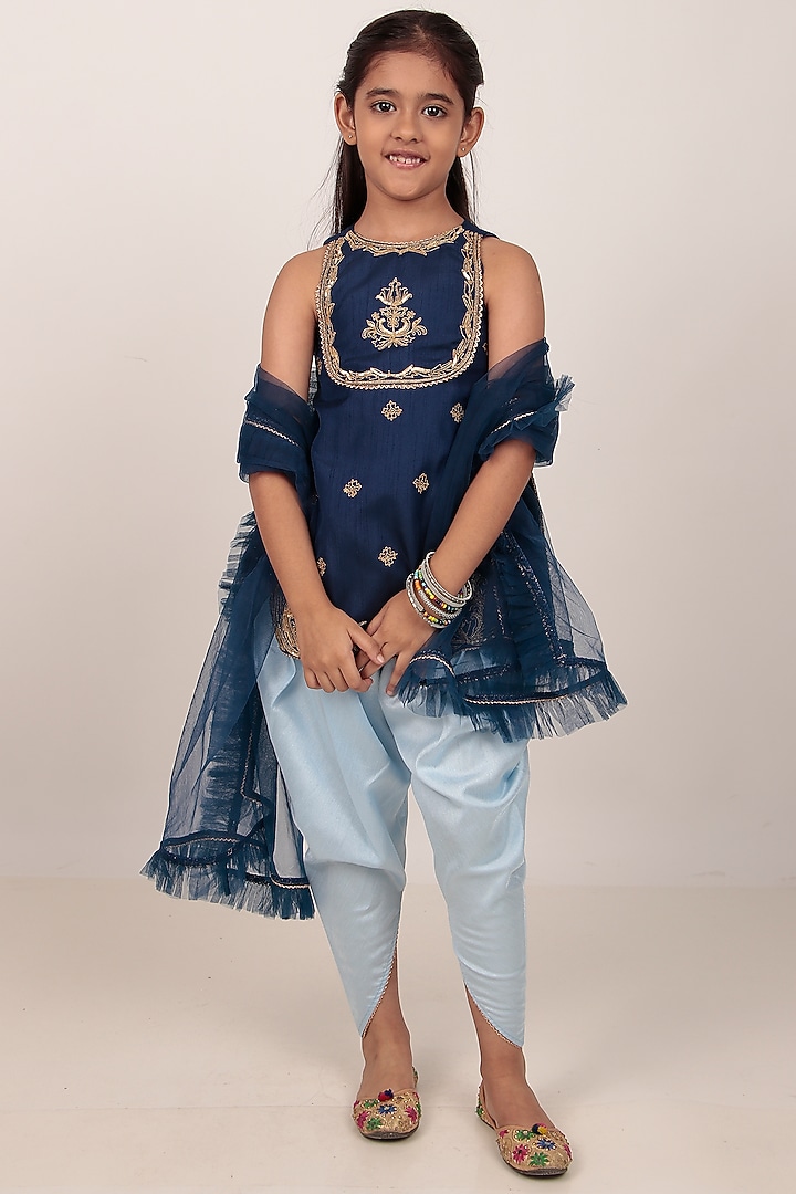 Blue Dupion Silk Hand-Embellished Kurta Set For Girls by Rasasvada Kids at Pernia's Pop Up Shop