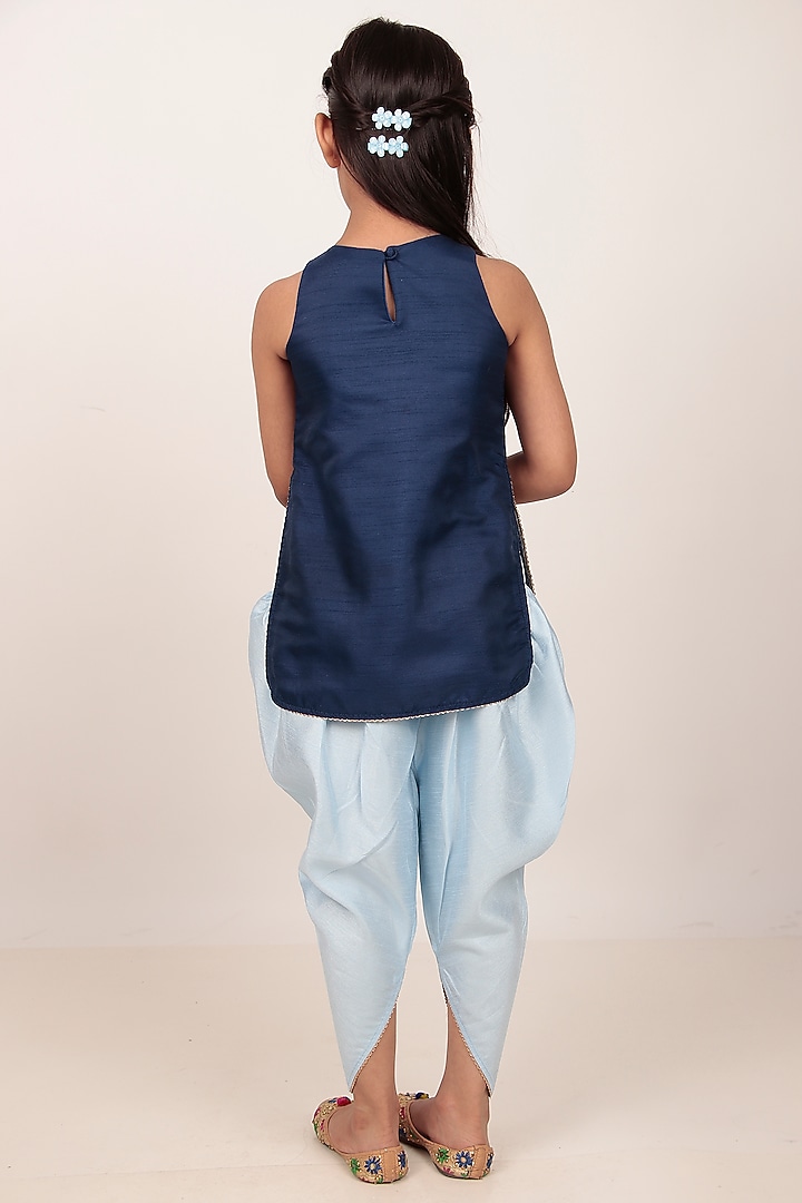 Blue Dupion Silk Hand-Embellished Kurta Set For Girls by Rasasvada Kids at Pernia's Pop Up Shop