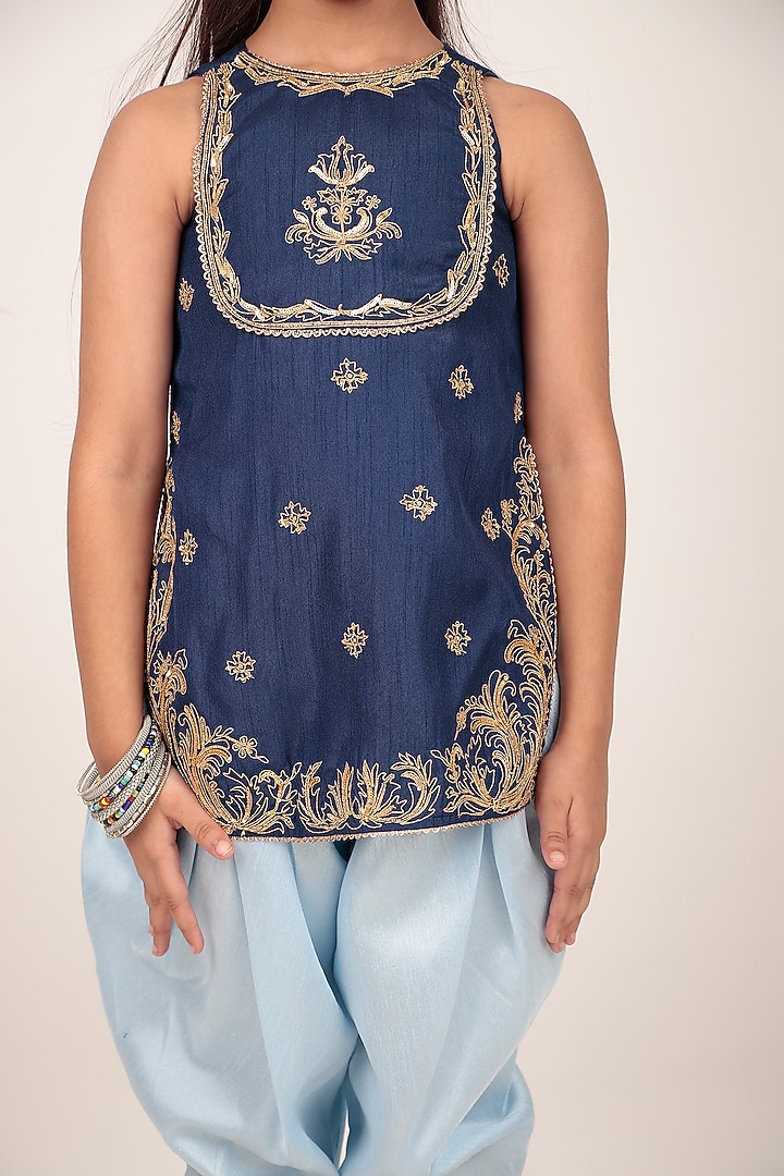 Blue Dupion Silk Hand-Embellished Kurta Set For Girls by Rasasvada Kids at Pernia's Pop Up Shop
