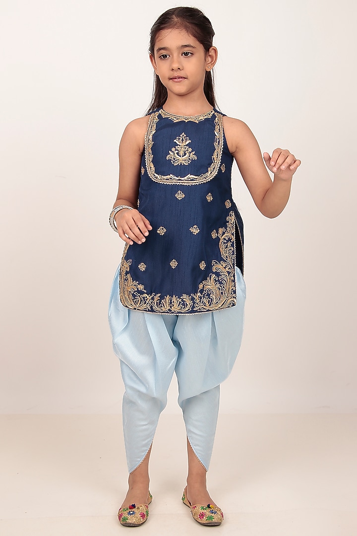 Blue Dupion Silk Hand-Embellished Kurta Set For Girls by Rasasvada Kids at Pernia's Pop Up Shop