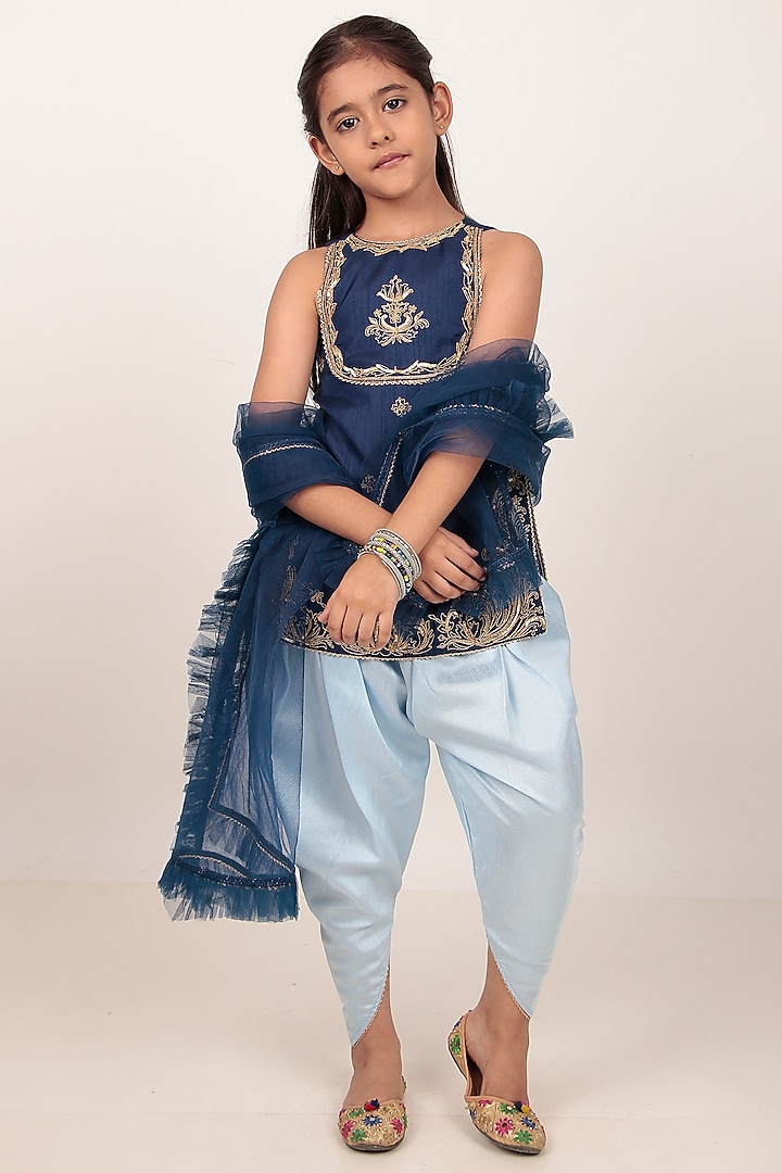 Blue Dupion Silk Hand-Embellished Kurta Set For Girls by Rasasvada Kids at Pernia's Pop Up Shop