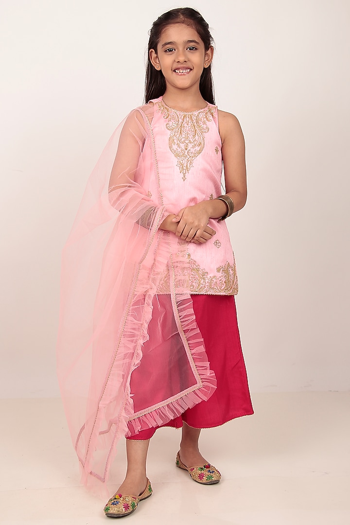 Pink Dupion Silk Hand-Embellished Kurta Set For Girls by Rasasvada Kids at Pernia's Pop Up Shop