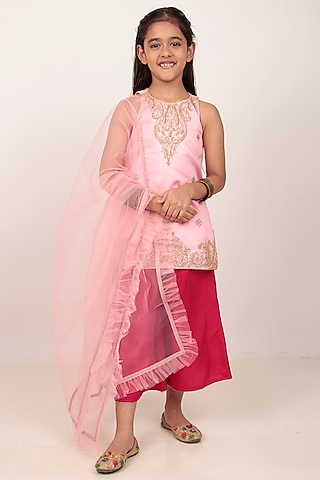Pink Dupion Silk Hand-Embellished Kurta Set For Girls by Rasasvada Kids