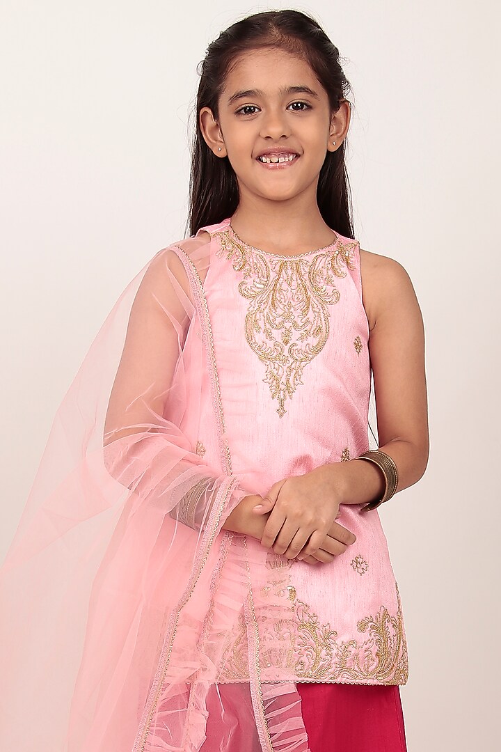 Pink Dupion Silk Hand-Embellished Kurta Set For Girls by Rasasvada Kids at Pernia's Pop Up Shop