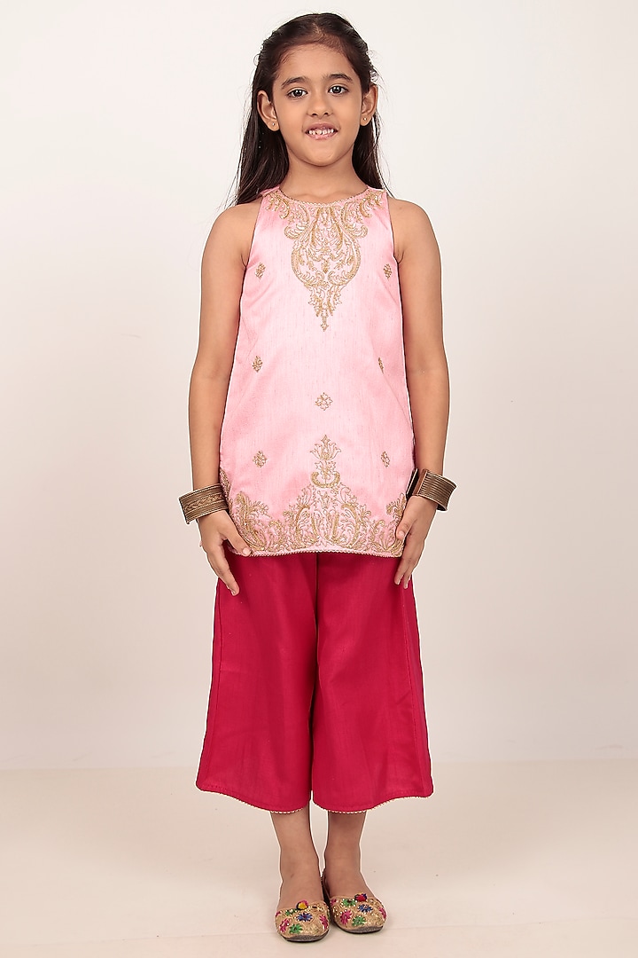 Pink Dupion Silk Hand-Embellished Kurta Set For Girls by Rasasvada Kids at Pernia's Pop Up Shop