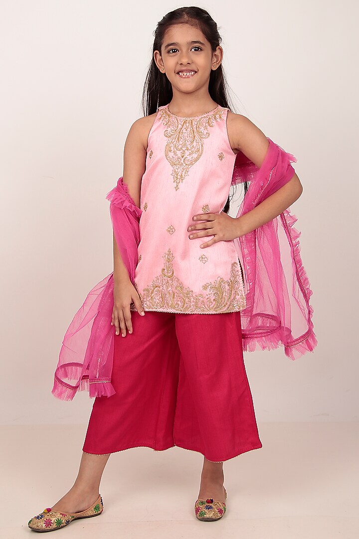 Pink Dupion Silk Hand-Embellished Kurta Set For Girls by Rasasvada Kids at Pernia's Pop Up Shop