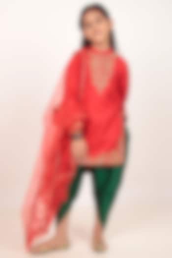 Red Dupion Silk Hand-Embellished Kurta Set For Girls by Rasasvada Kids at Pernia's Pop Up Shop