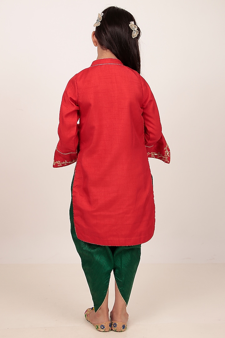 Red Dupion Silk Hand-Embellished Kurta Set For Girls by Rasasvada Kids at Pernia's Pop Up Shop