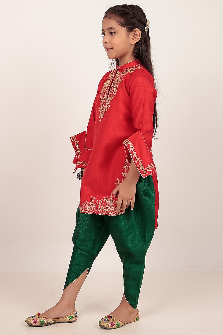 Red Dupion Silk Hand-Embellished Kurta Set For Girls by Rasasvada Kids at Pernia's Pop Up Shop