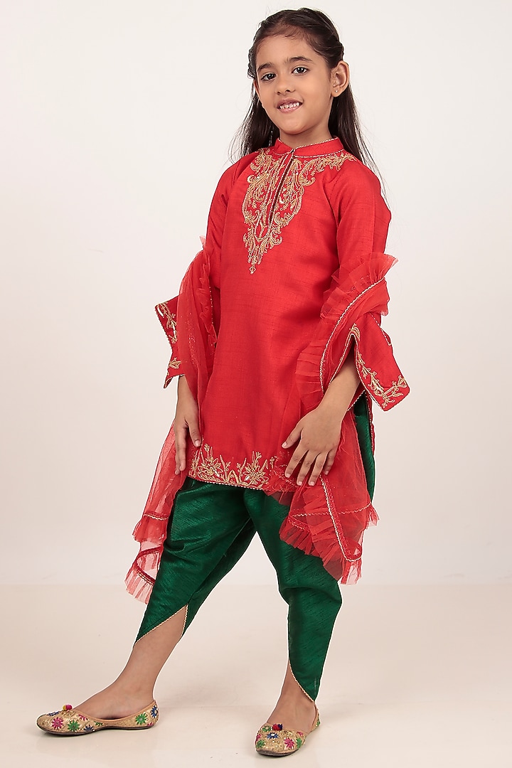 Red Dupion Silk Hand-Embellished Kurta Set For Girls by Rasasvada Kids at Pernia's Pop Up Shop