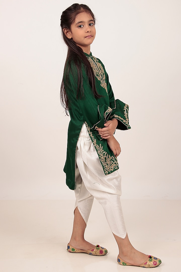 Green Dupion Silk Hand-Embroidered Kurta Set For Girls by Rasasvada Kids at Pernia's Pop Up Shop