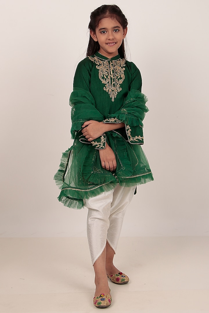 Green Dupion Silk Hand-Embroidered Kurta Set For Girls by Rasasvada Kids at Pernia's Pop Up Shop