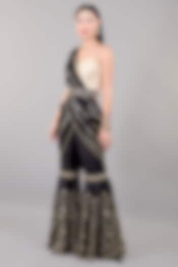 Black Khadi Silk Hand Embroidered Sharara Saree Set by Rashika Sharma at Pernia's Pop Up Shop