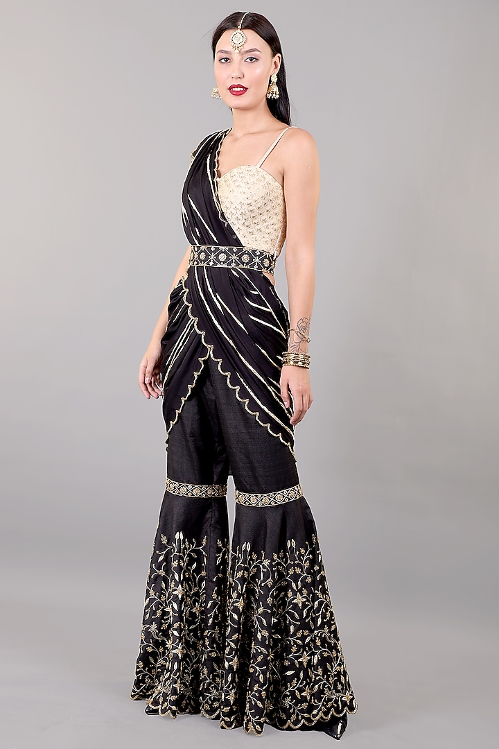 Black Khadi Silk Hand Embroidered Sharara Saree Set by Rashika Sharma at Pernia's Pop Up Shop