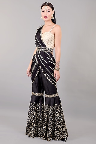 Black Khadi Silk Hand Embroidered Sharara Saree Set by Rashika Sharma