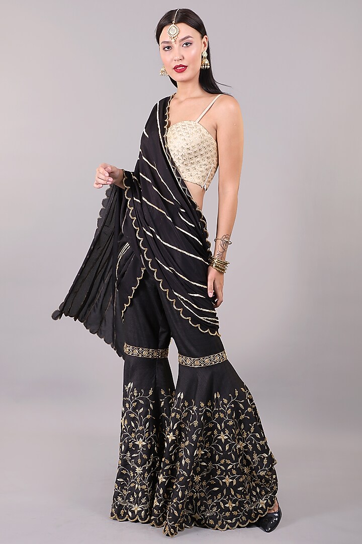 Black Khadi Silk Hand Embroidered Sharara Wedding Saree Set by Rashika Sharma at Pernia's Pop Up Shop