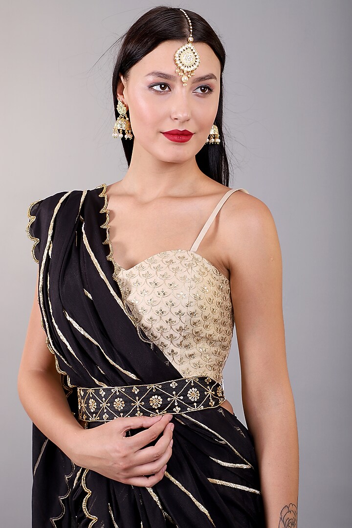 Black Khadi Silk Hand Embroidered Sharara Wedding Saree Set by Rashika Sharma at Pernia's Pop Up Shop
