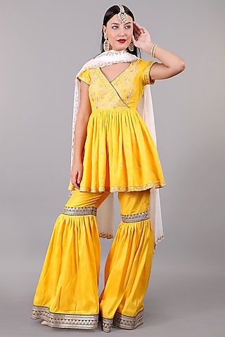 Royal Yellow Khadi Silk Sharara Set by Rashika Sharma