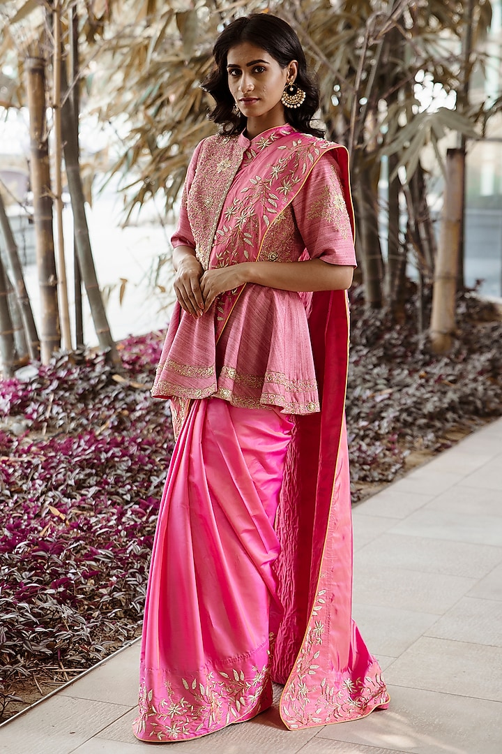 Pink Paper Silk Ruffled Saree Set by Rashika Sharma