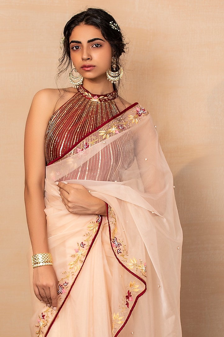 Peach Hand Embroidered Wedding Saree Set by Rashika Sharma at Pernia's Pop Up Shop
